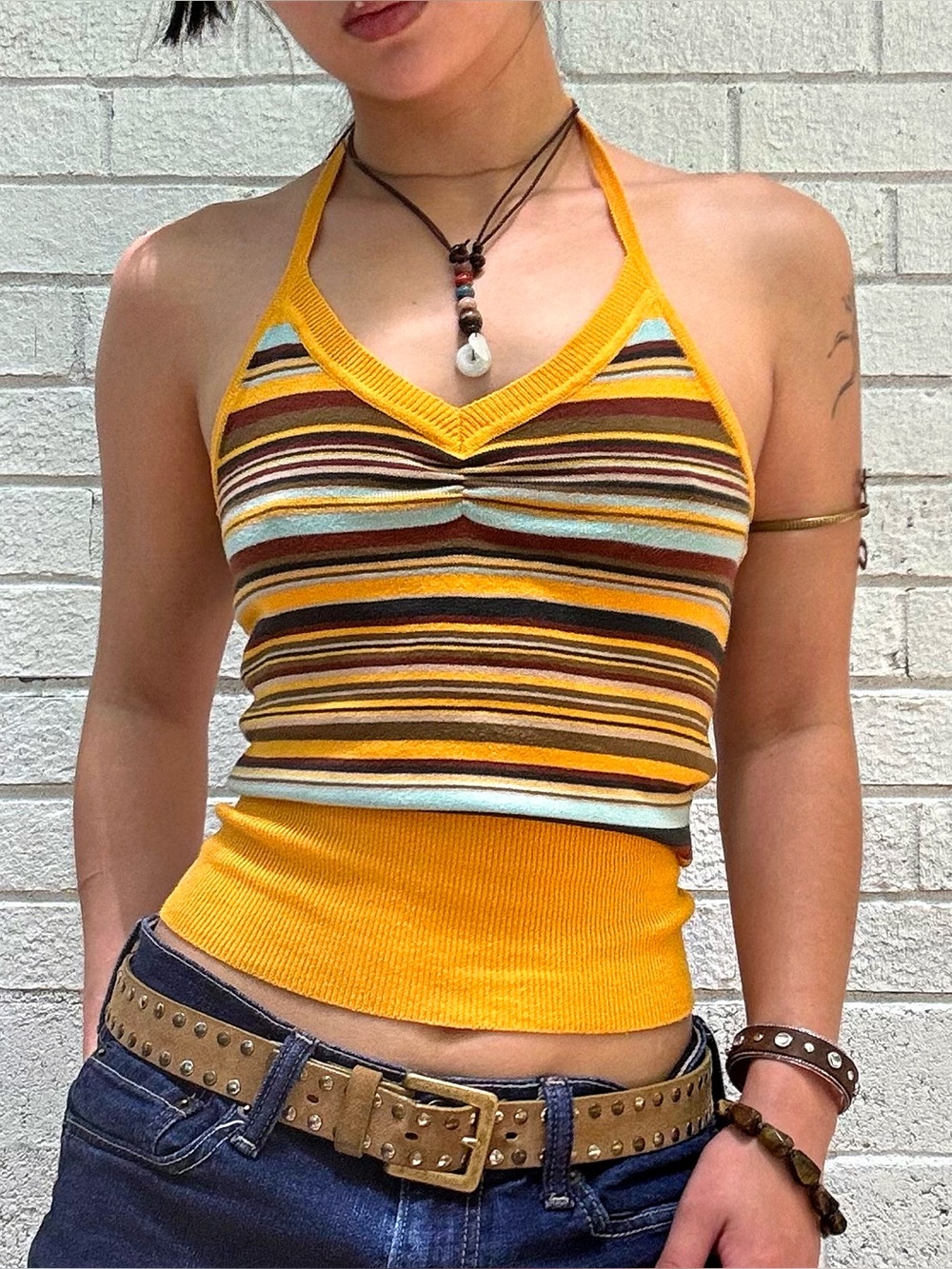 Vintage Striped Knit Halter Top in Mustard & Earth Tones